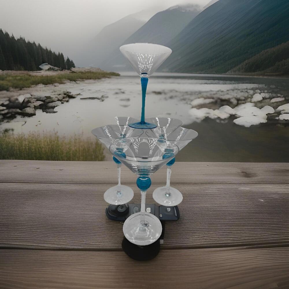 Vtg 6 Bombay Sapphire GinMartini Cocktail Glasses Blue Ball Stem Base